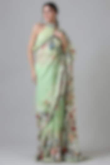 Green Viscose Floral Printed & Embroidered Saree Set by Geisha Designs at Pernia's Pop Up Shop