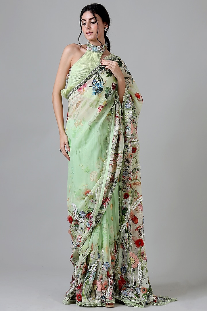 Green Viscose Floral Printed & Embroidered Saree Set by Geisha Designs at Pernia's Pop Up Shop