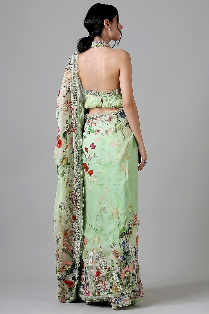Green Viscose Floral Printed & Embroidered Bridal Saree Set by Geisha Designs at Pernia's Pop Up Shop