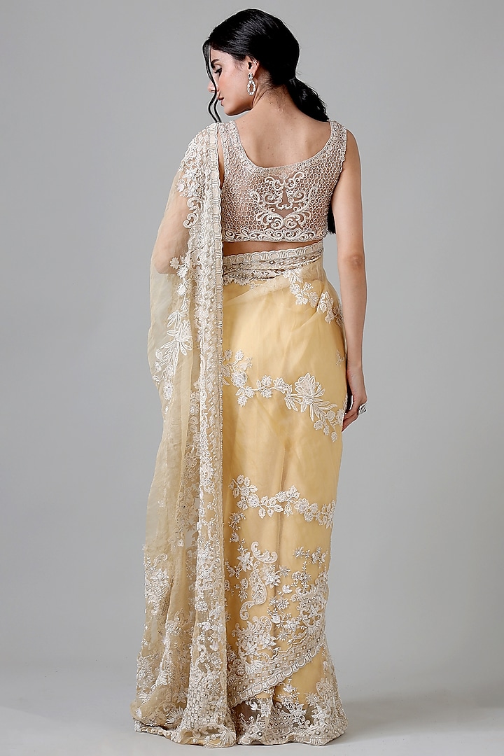 Yellow Silk & Nylon Embroidered Handcrafted Bridal Saree Set by Geisha Designs at Pernia's Pop Up Shop