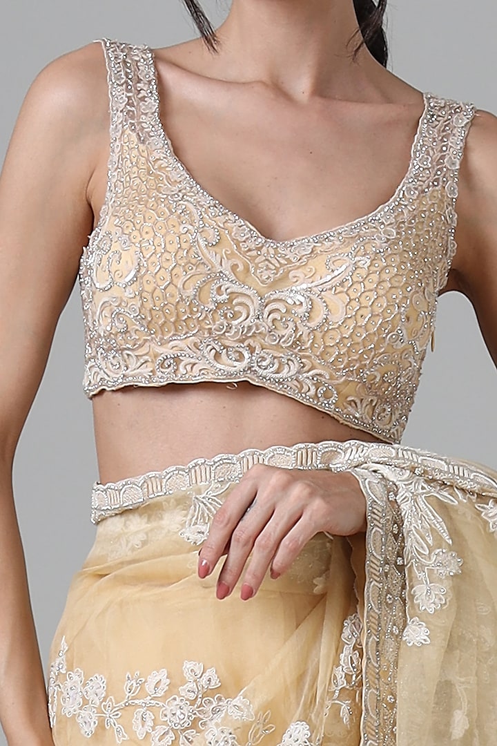 Yellow Silk & Nylon Embroidered Handcrafted Bridal Saree Set by Geisha Designs at Pernia's Pop Up Shop