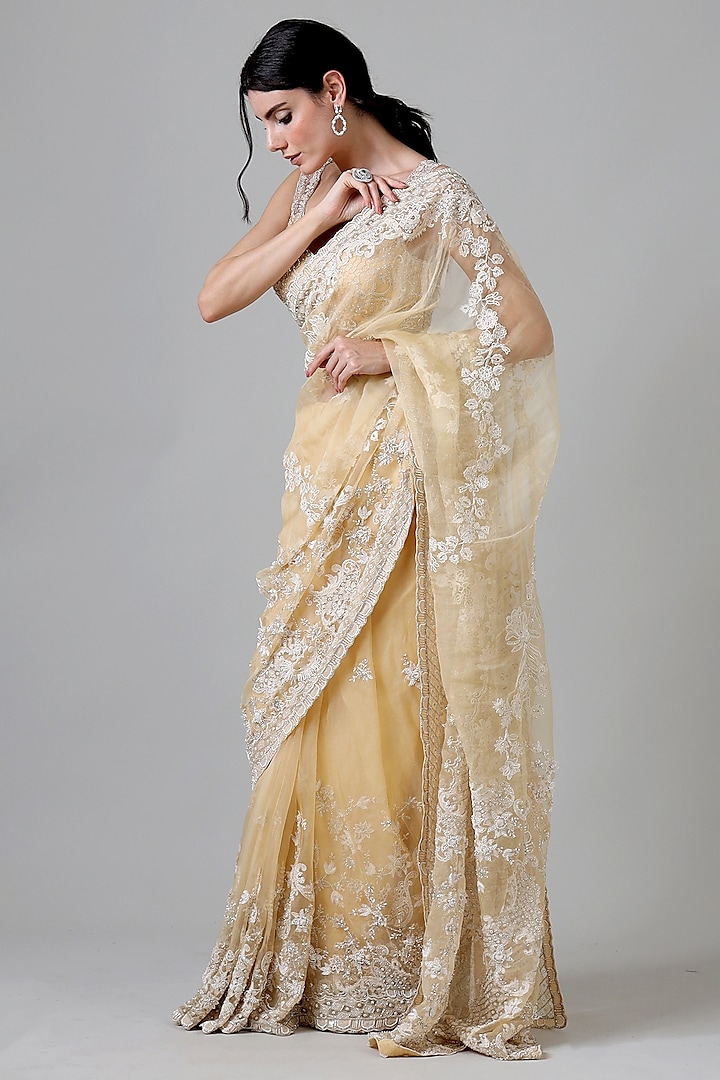 Yellow Silk & Nylon Embroidered Handcrafted Bridal Saree Set by Geisha Designs at Pernia's Pop Up Shop