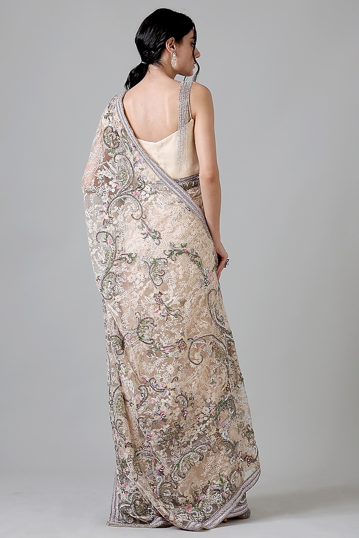 Tea Stain Colored Nylon Hand Embroidered Bridal Saree Set by Geisha Designs at Pernia's Pop Up Shop