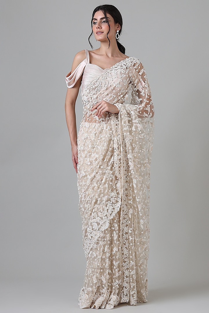 White Nylon Pearl & Bead Work Saree Set by Geisha Designs at Pernia's Pop Up Shop