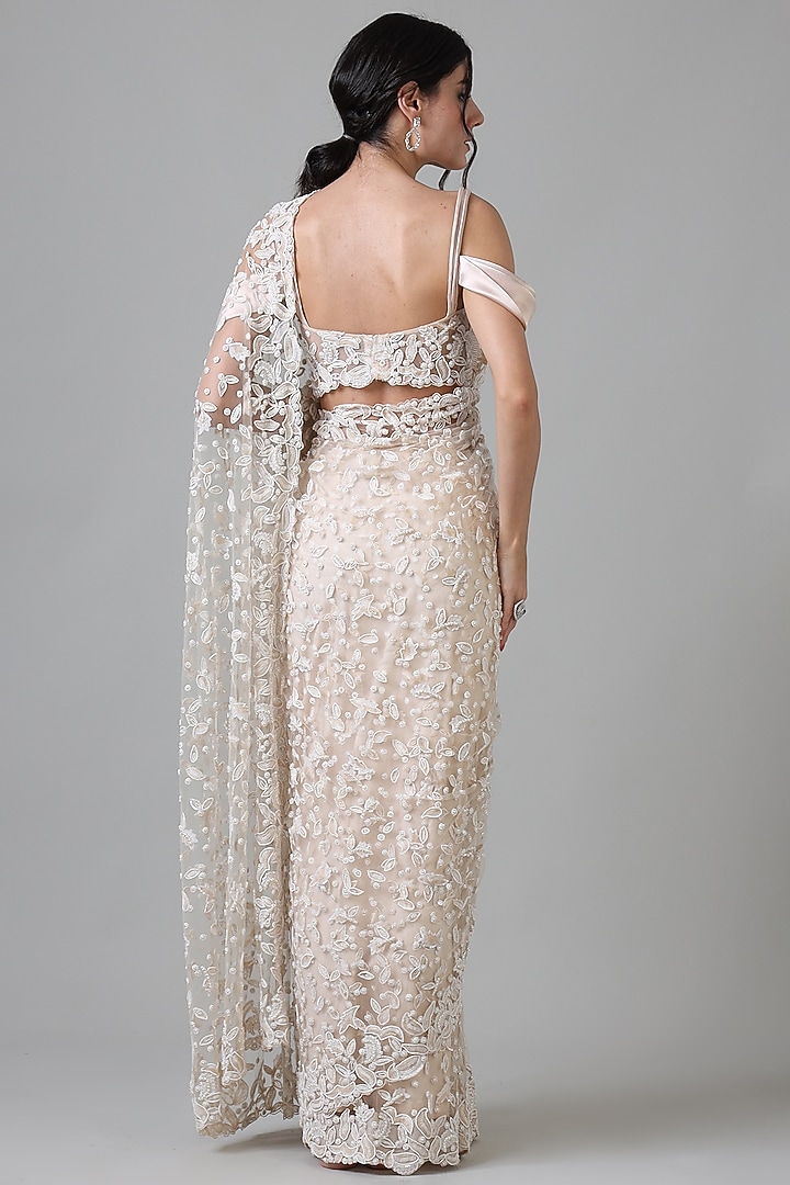 White Nylon Pearl & Bead Work Bridal Saree Set by Geisha Designs at Pernia's Pop Up Shop