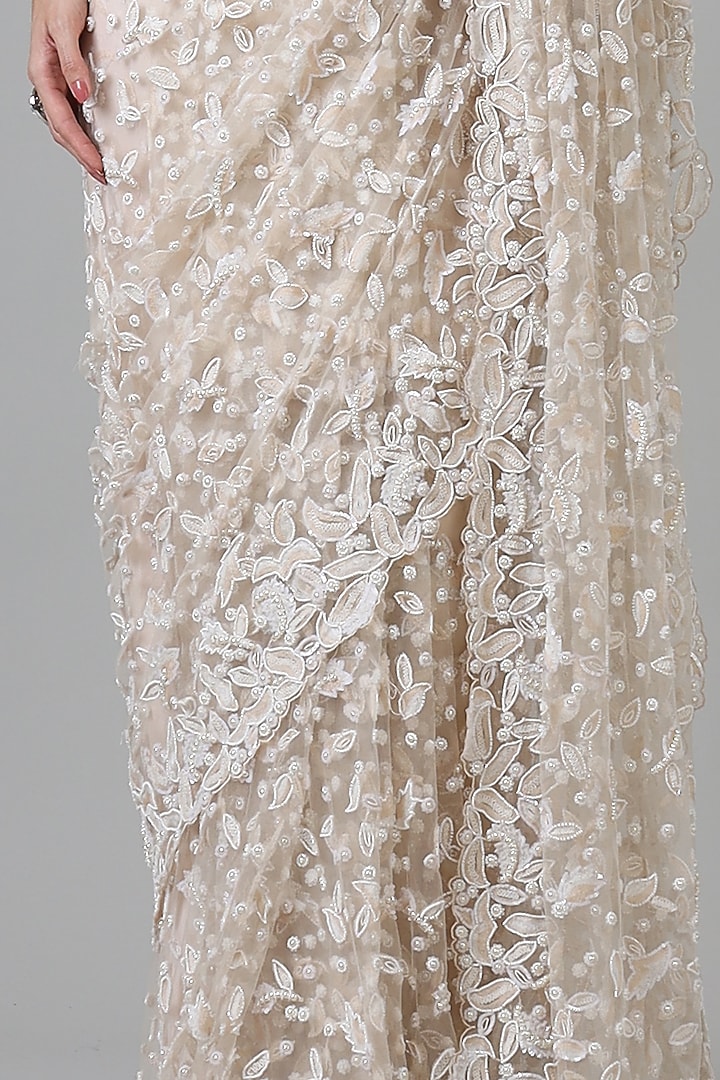 White Nylon Pearl & Bead Work Bridal Saree Set by Geisha Designs at Pernia's Pop Up Shop