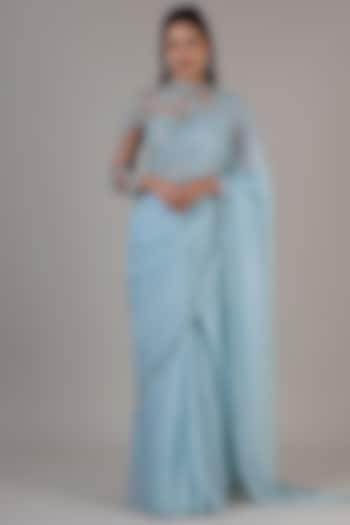 Light Blue Polyester Reception Saree Set by Geisha Designs at Pernia's Pop Up Shop