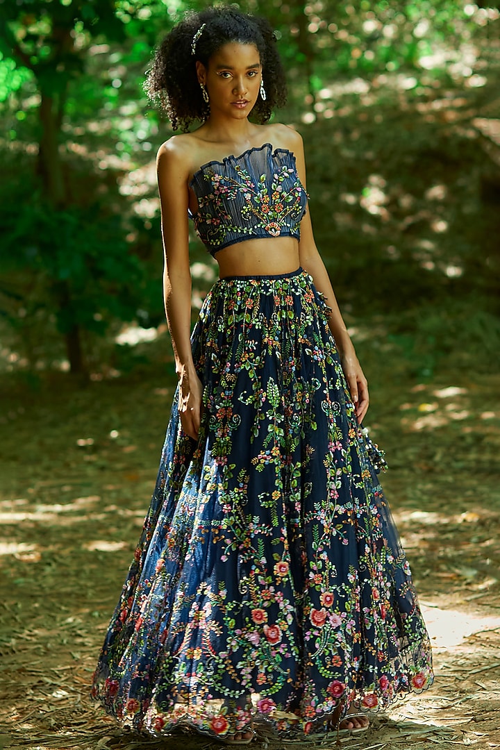 Navy Tulle Floral Embroidered Bridal Lehenga Set by Geisha Designs at Pernia's Pop Up Shop