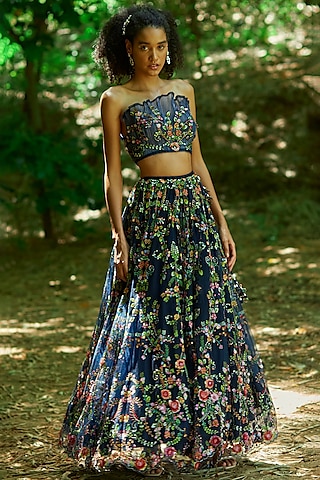 Navy Tulle Floral Embroidered Lehenga Set by Geisha Designs