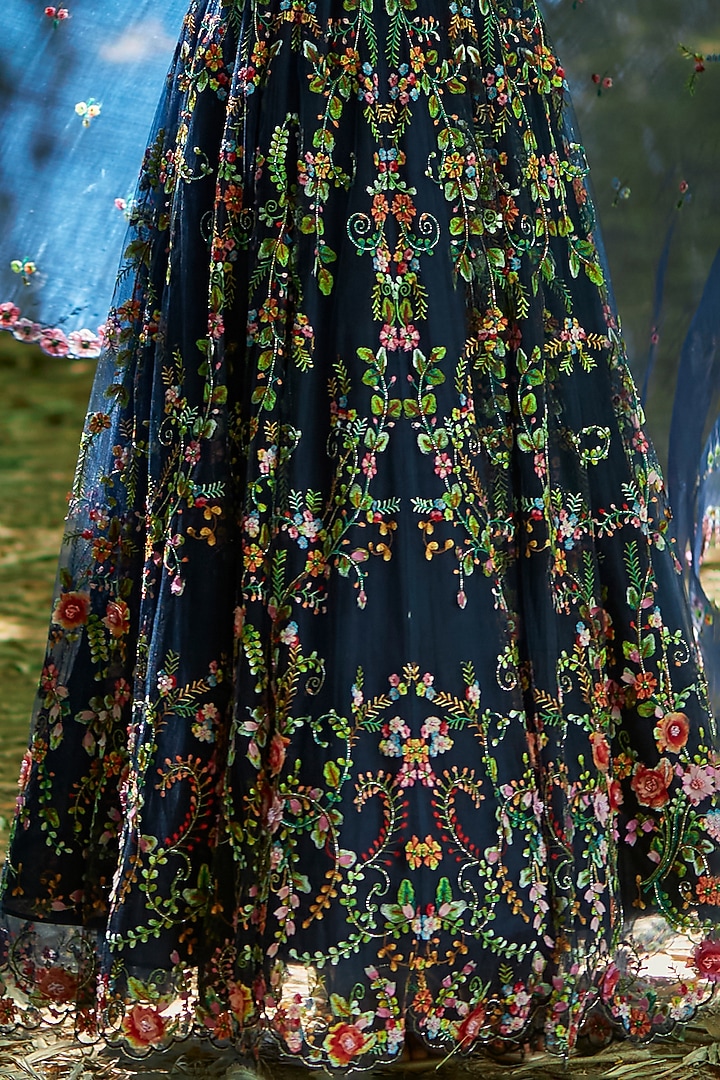 Navy Tulle Floral Embroidered Bridal Lehenga Set by Geisha Designs at Pernia's Pop Up Shop