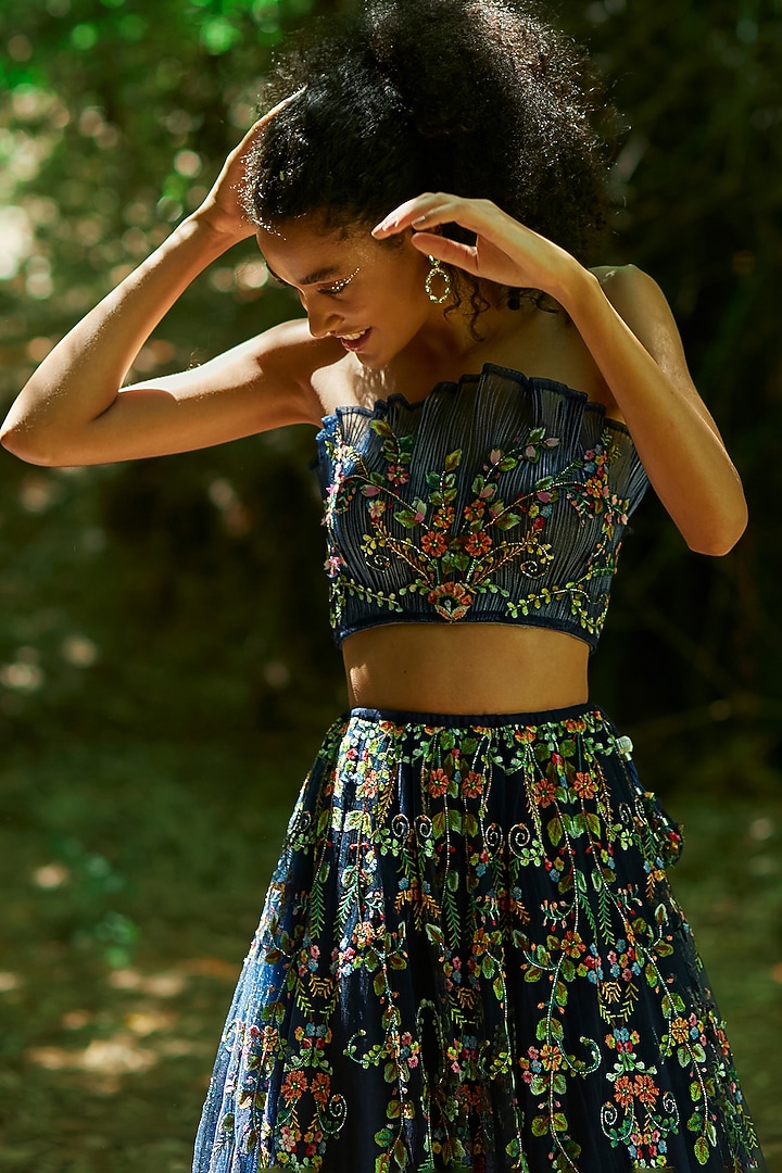 Navy Tulle Floral Embroidered Bridal Lehenga Set by Geisha Designs at Pernia's Pop Up Shop