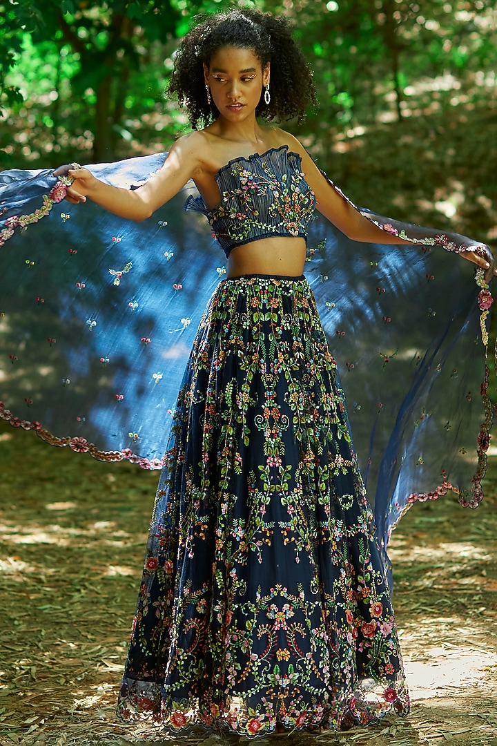 Navy Tulle Floral Embroidered Bridal Lehenga Set by Geisha Designs at Pernia's Pop Up Shop