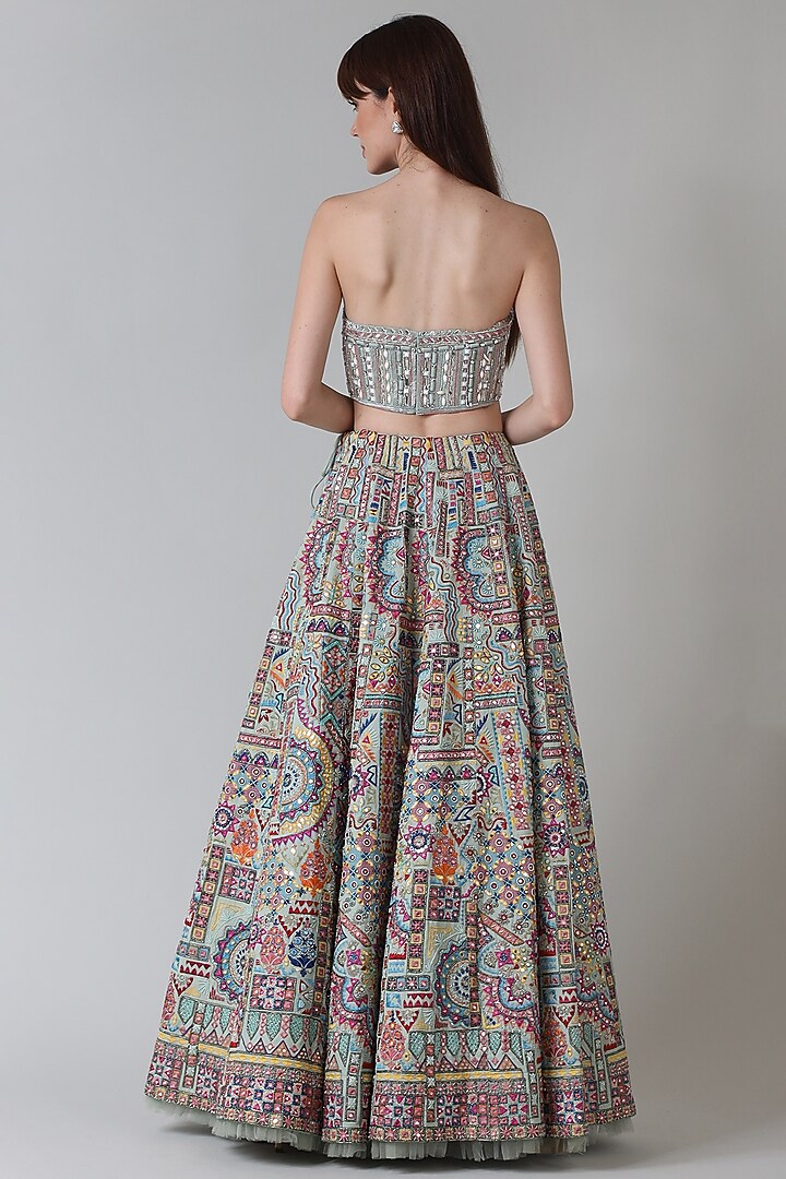 Blue Silk & Viscose Mirror Embroidered Bridal Lehenga Set by Geisha Designs at Pernia's Pop Up Shop