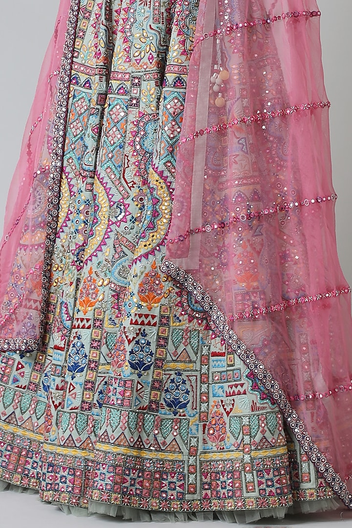 Blue Silk & Viscose Mirror Embroidered Bridal Lehenga Set by Geisha Designs at Pernia's Pop Up Shop