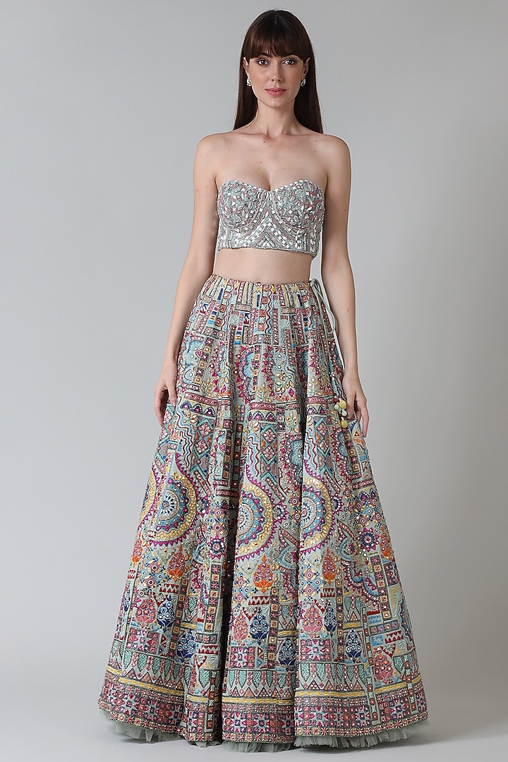Blue Silk & Viscose Mirror Embroidered Bridal Lehenga Set by Geisha Designs at Pernia's Pop Up Shop
