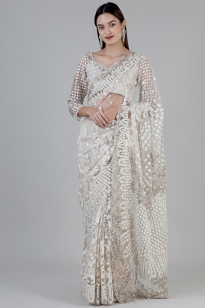 Off-White Nylon & Viscose Embroidered Saree Set by Geisha Designs
