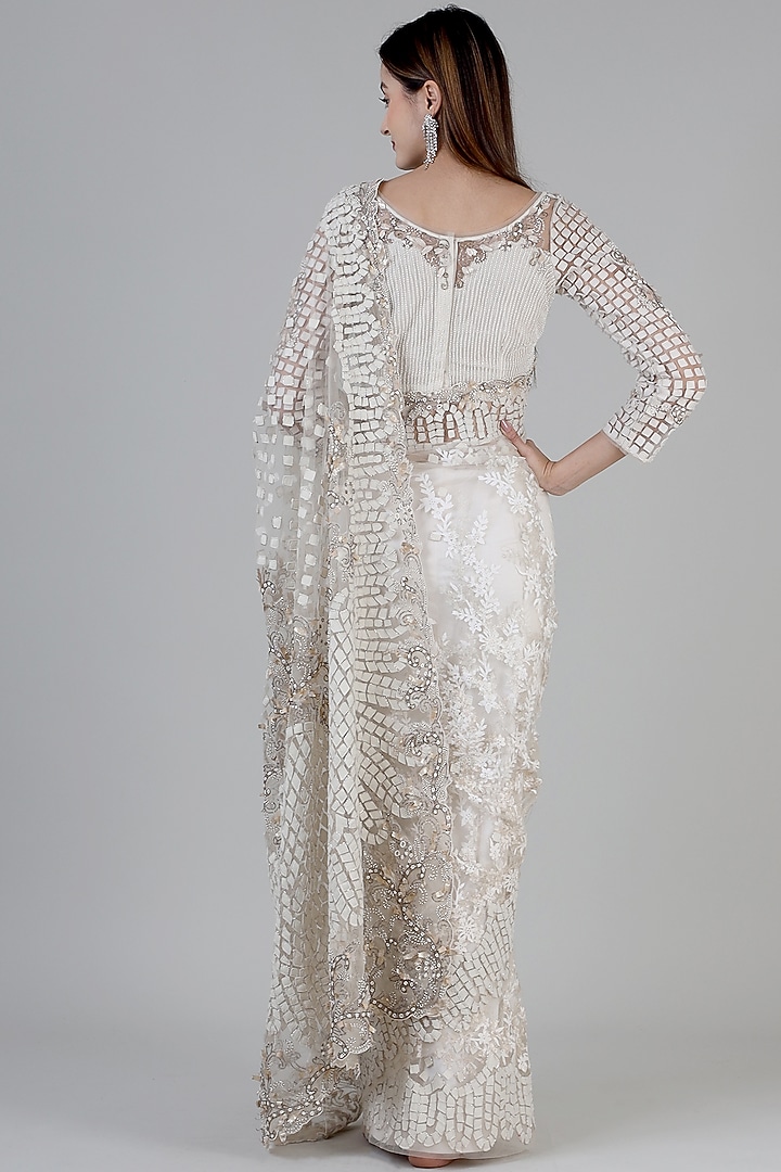 Off-White Nylon & Viscose Embroidered Bridal Saree Set by Geisha Designs at Pernia's Pop Up Shop