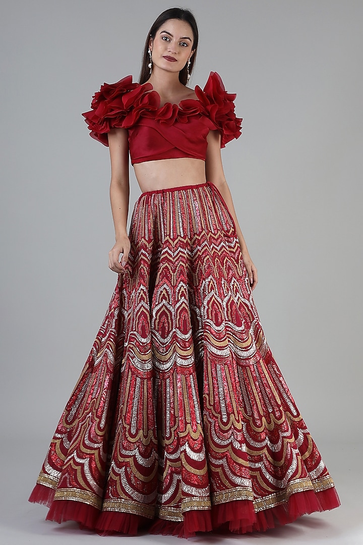 Metallic Red Viscose & Polyester Lehenga Set by Geisha Designs