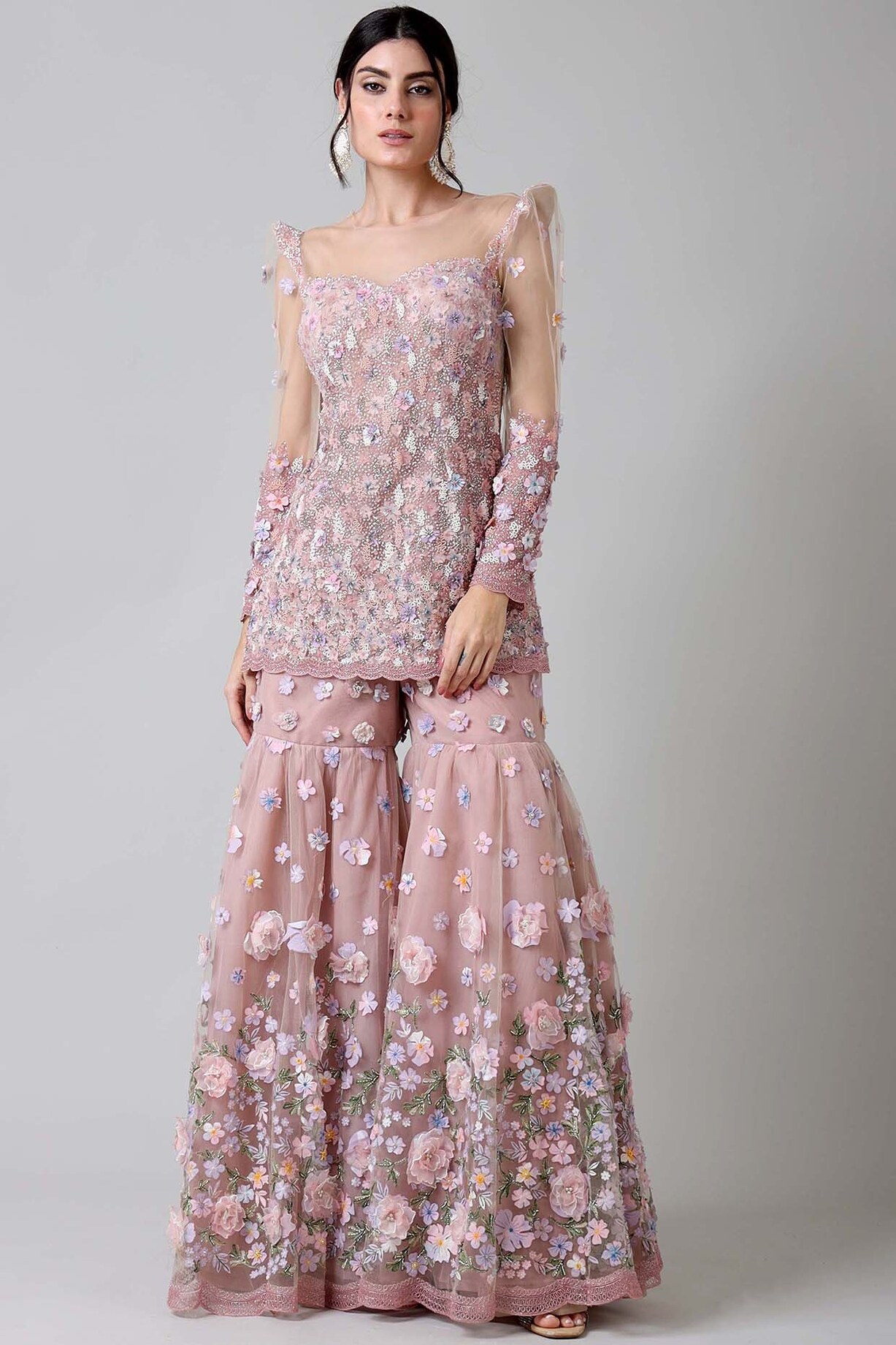 Pernia's Pop Up Shop - Geisha Designs Women Pink Nylon 3D Floral Embellished Gharara Set