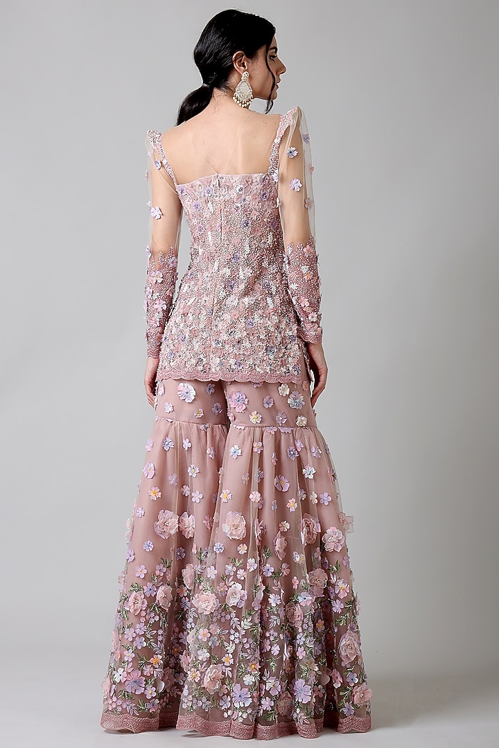 Pink Nylon 3D Floral Embellished Gharara Set by Geisha Designs at Pernia's Pop Up Shop