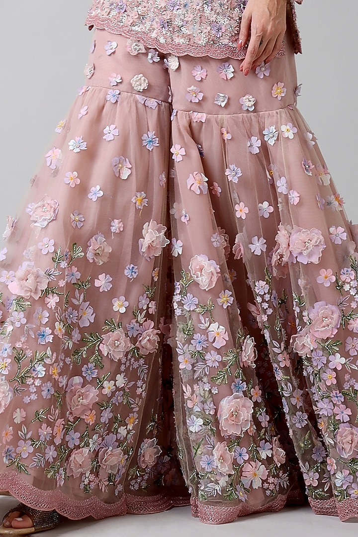 Pink Nylon 3D Floral Embellished Gharara Set by Geisha Designs at Pernia's Pop Up Shop