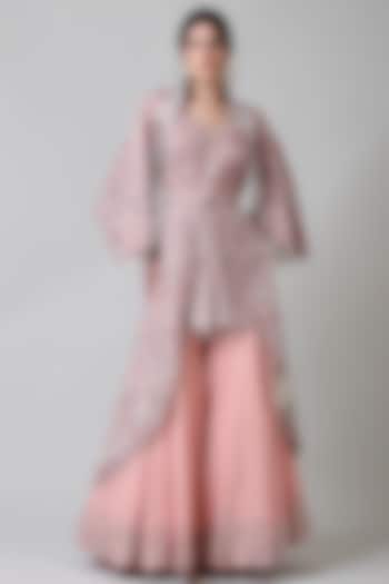 Pink Silk & Viscose Embroidered Gharara Set by Geisha Designs