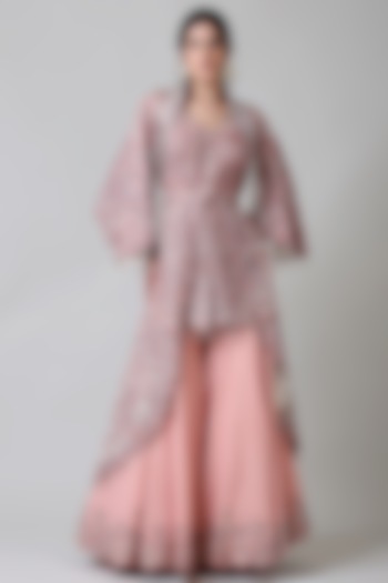 Pink Silk & Viscose Embroidered Gharara Set by Geisha Designs