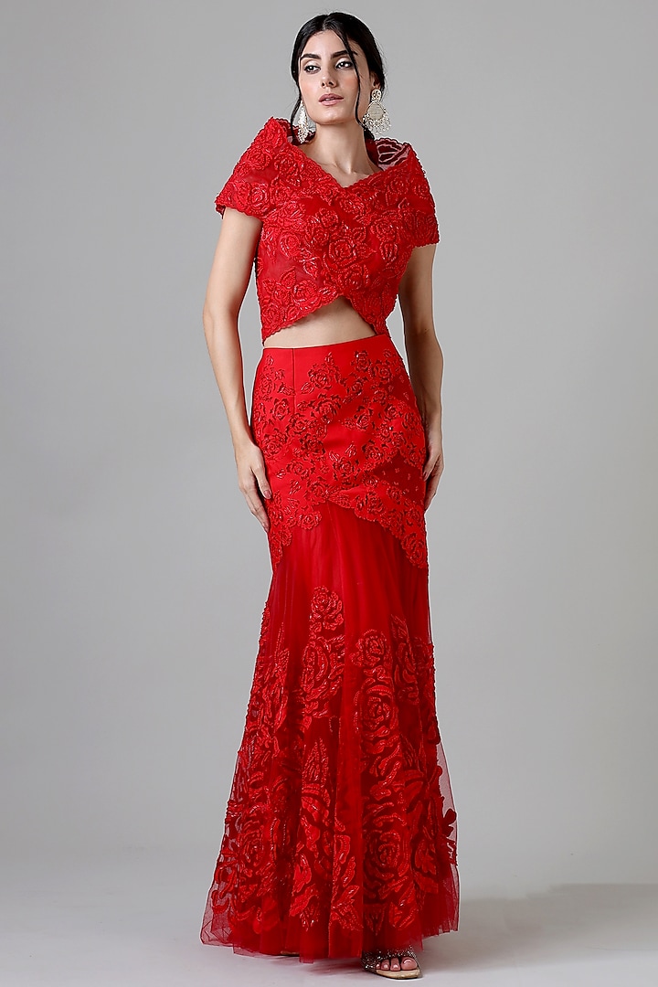 Scarlet Red Nylon & Polyester Embroidered Mermaid Skirt Set by Geisha Designs