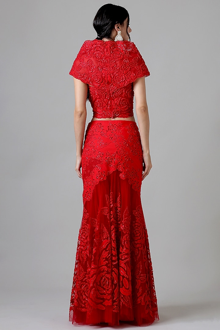 Scarlet Red Nylon & Polyester Embroidered Mermaid Skirt Set by Geisha Designs at Pernia's Pop Up Shop