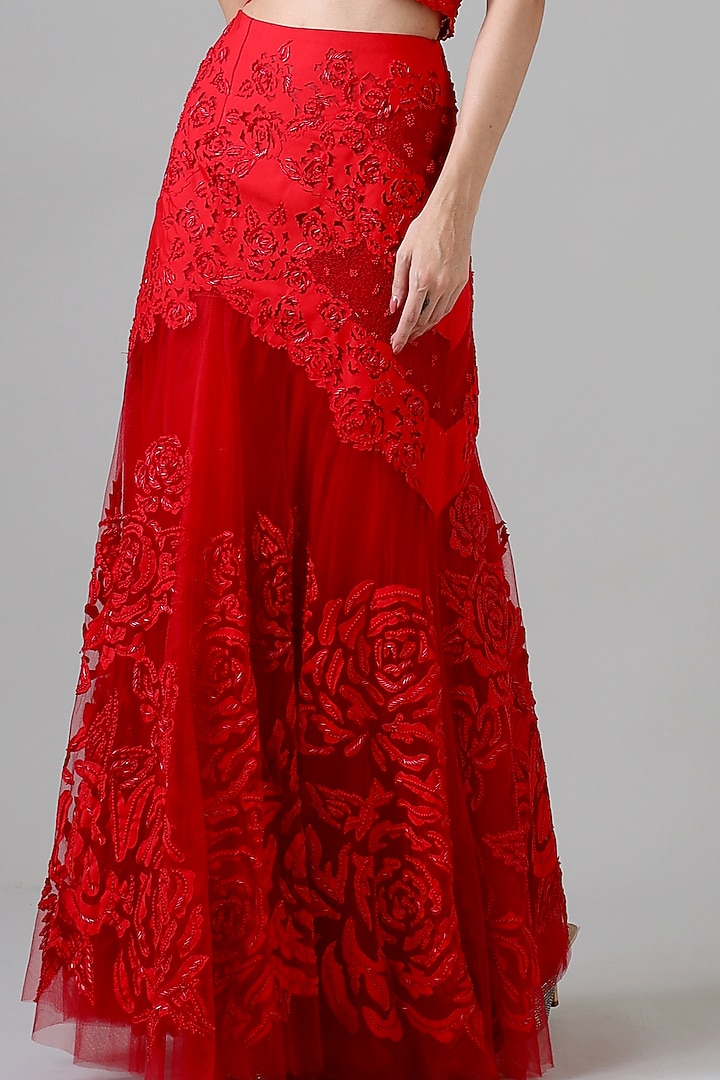 Scarlet Red Nylon & Polyester Embroidered Mermaid Skirt Set by Geisha Designs at Pernia's Pop Up Shop