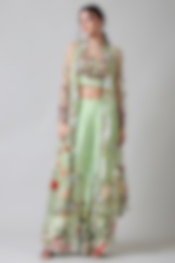 Green Tulle Floral Embroidered Jacket Set by Geisha Designs