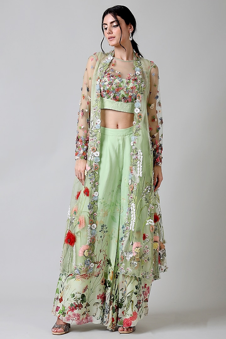 Green Tulle Floral Embroidered Jacket Set by Geisha Designs