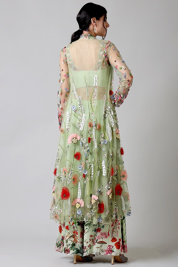 Green Tulle Floral Embroidered Jacket Set by Geisha Designs at Pernia's Pop Up Shop