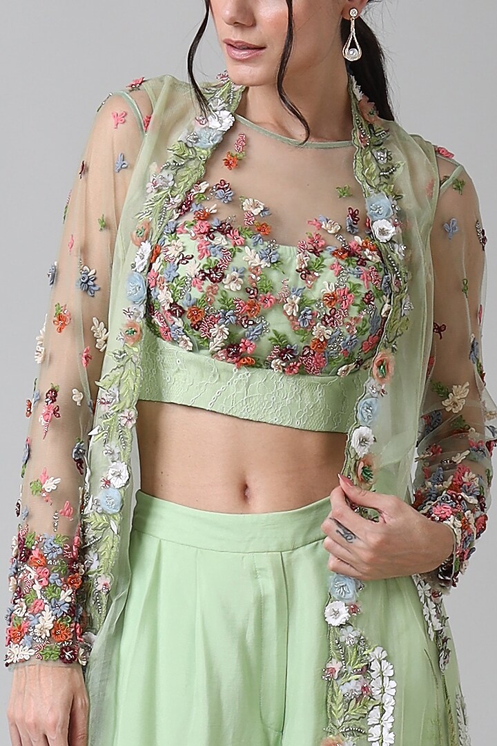 Green Tulle Floral Embroidered Jacket Set by Geisha Designs at Pernia's Pop Up Shop