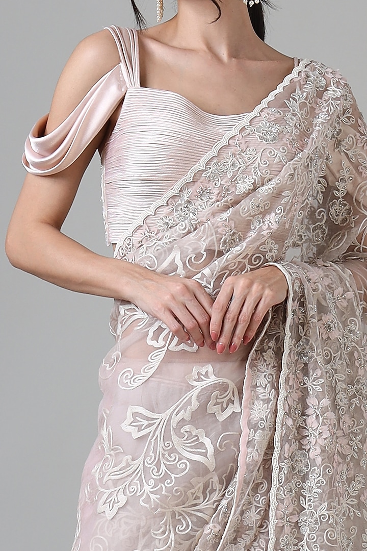 Soft Pink Silk Hand Embroidered Bridal Saree Set by Geisha Designs at Pernia's Pop Up Shop