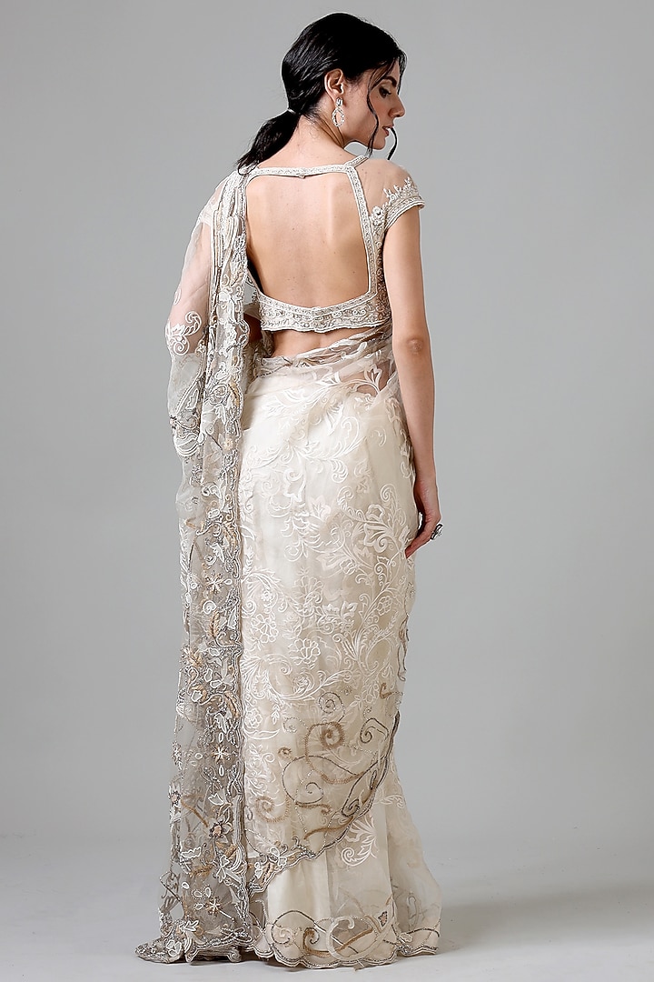 Ivory Nylon Embroidered Bridal Saree Set by Geisha Designs at Pernia's Pop Up Shop
