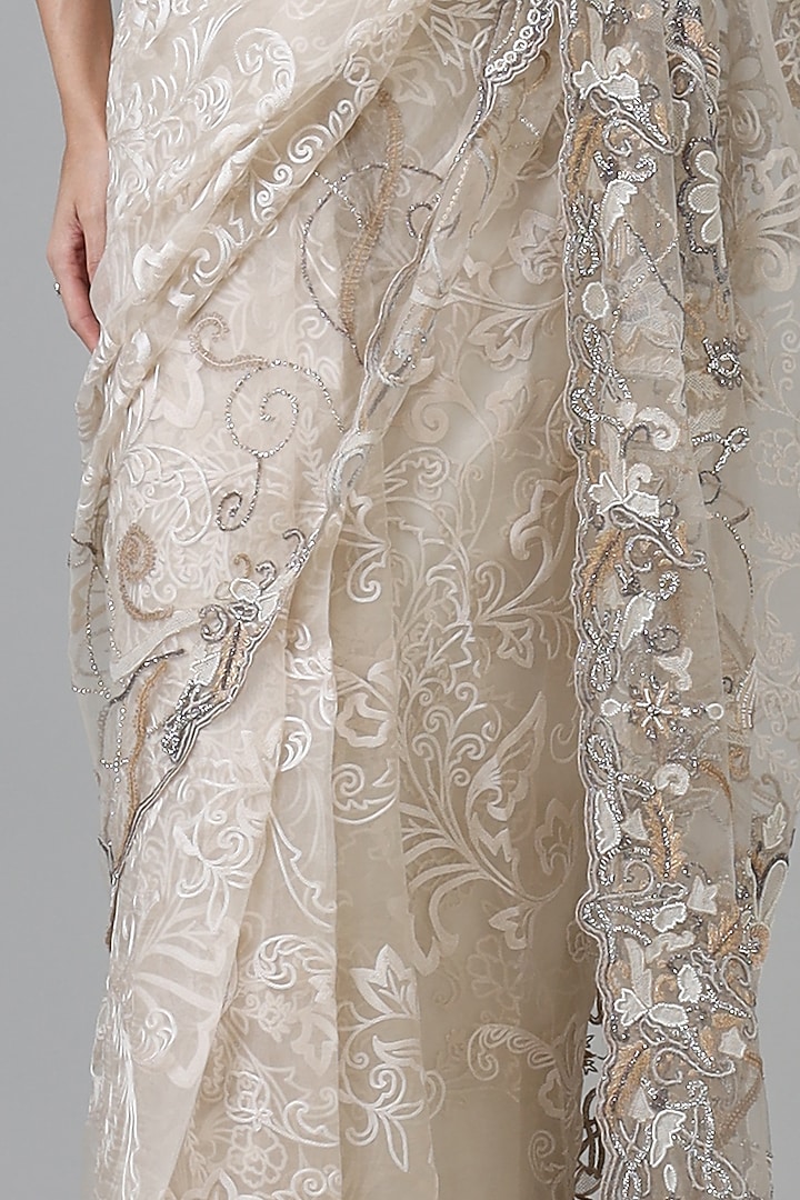Ivory Nylon Embroidered Bridal Saree Set by Geisha Designs at Pernia's Pop Up Shop