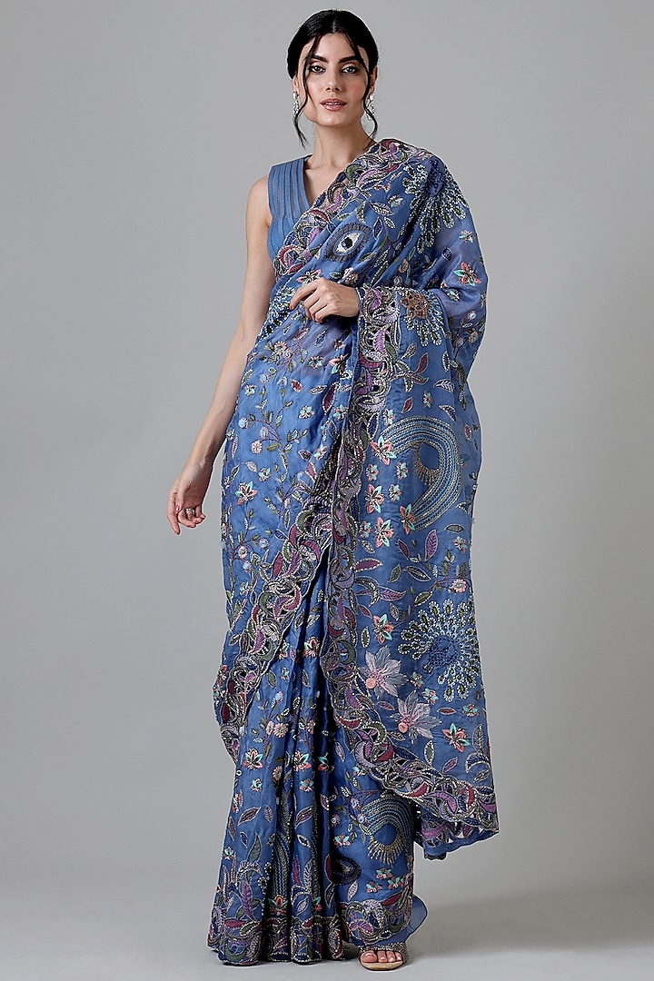 Blue Silk Embroidered Handcrafted Saree Set by Geisha Designs