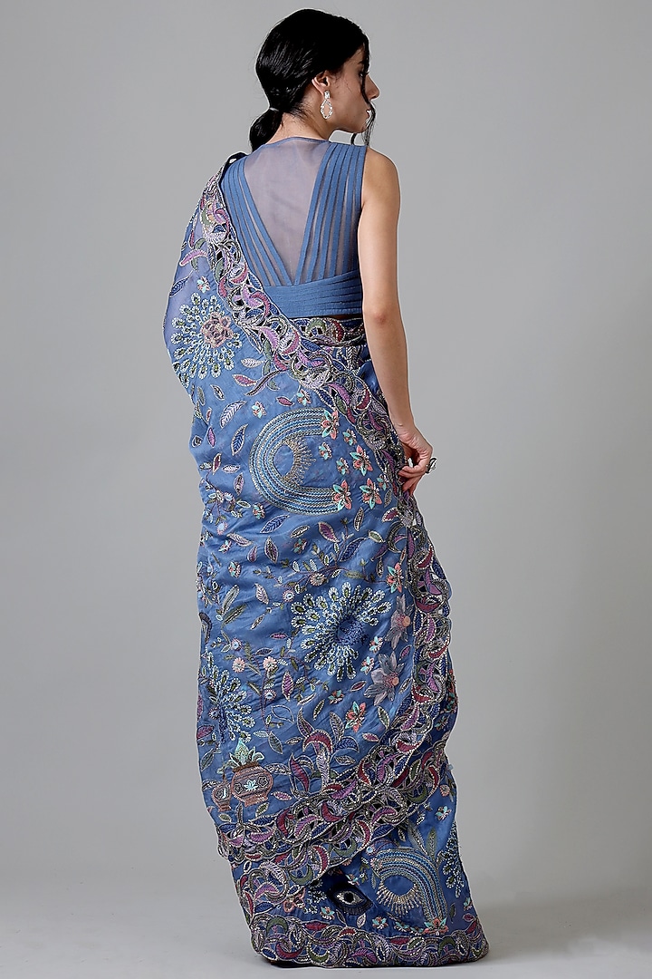 Blue Silk Embroidered Handcrafted Bridal Saree Set by Geisha Designs at Pernia's Pop Up Shop
