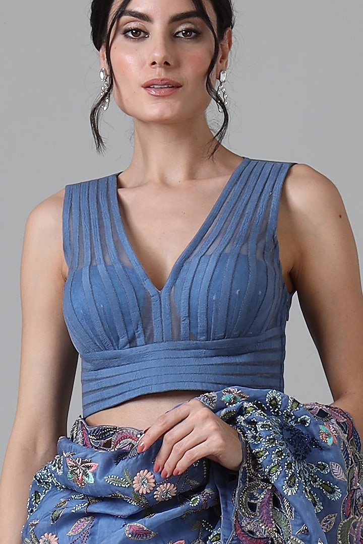 Blue Silk Embroidered Handcrafted Bridal Saree Set by Geisha Designs at Pernia's Pop Up Shop