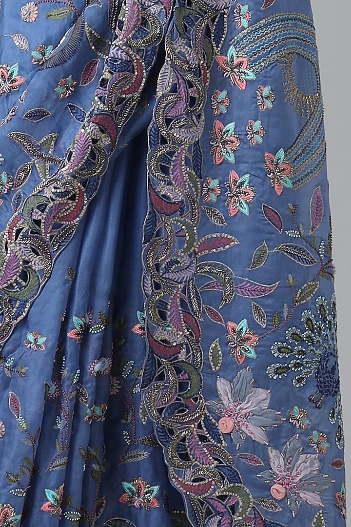 Blue Silk Embroidered Handcrafted Bridal Saree Set by Geisha Designs at Pernia's Pop Up Shop