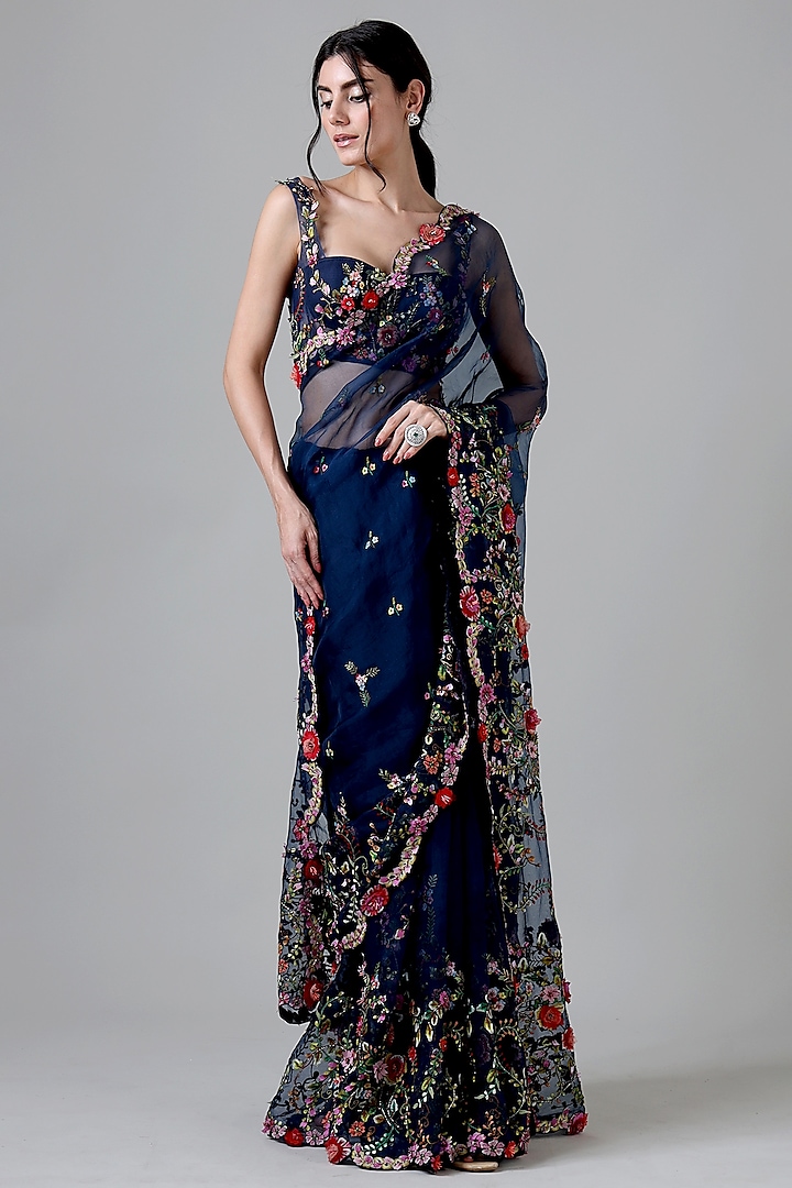 Navy Blue Silk Embroidered Handcrafted Saree Set by Geisha Designs