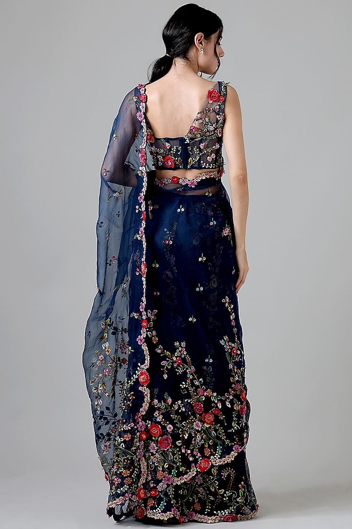 Navy Blue Silk Embroidered Handcrafted Bridal Saree Set by Geisha Designs at Pernia's Pop Up Shop