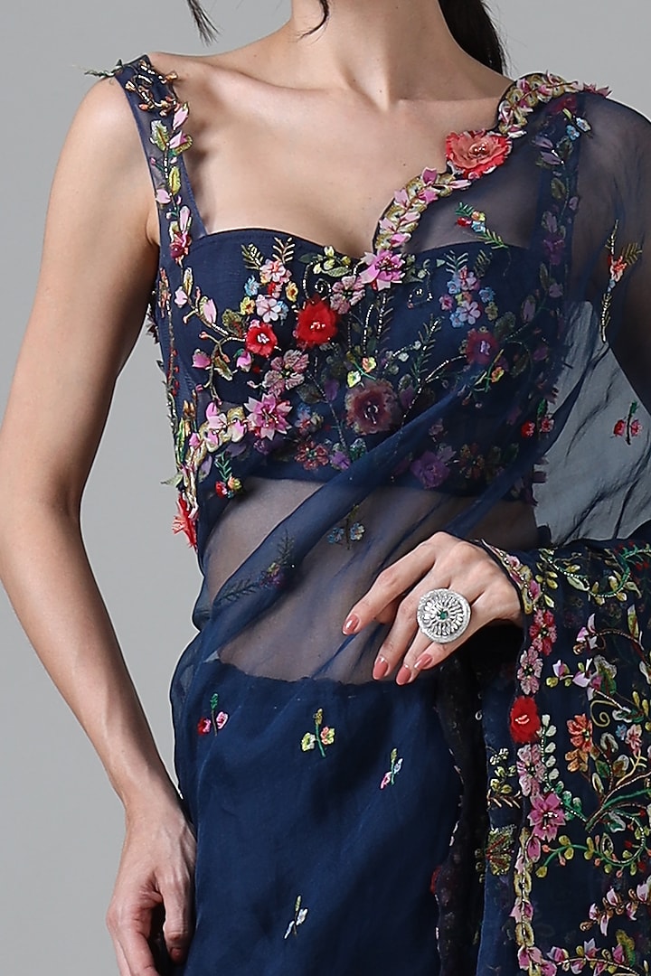 Navy Blue Silk Embroidered Handcrafted Bridal Saree Set by Geisha Designs at Pernia's Pop Up Shop