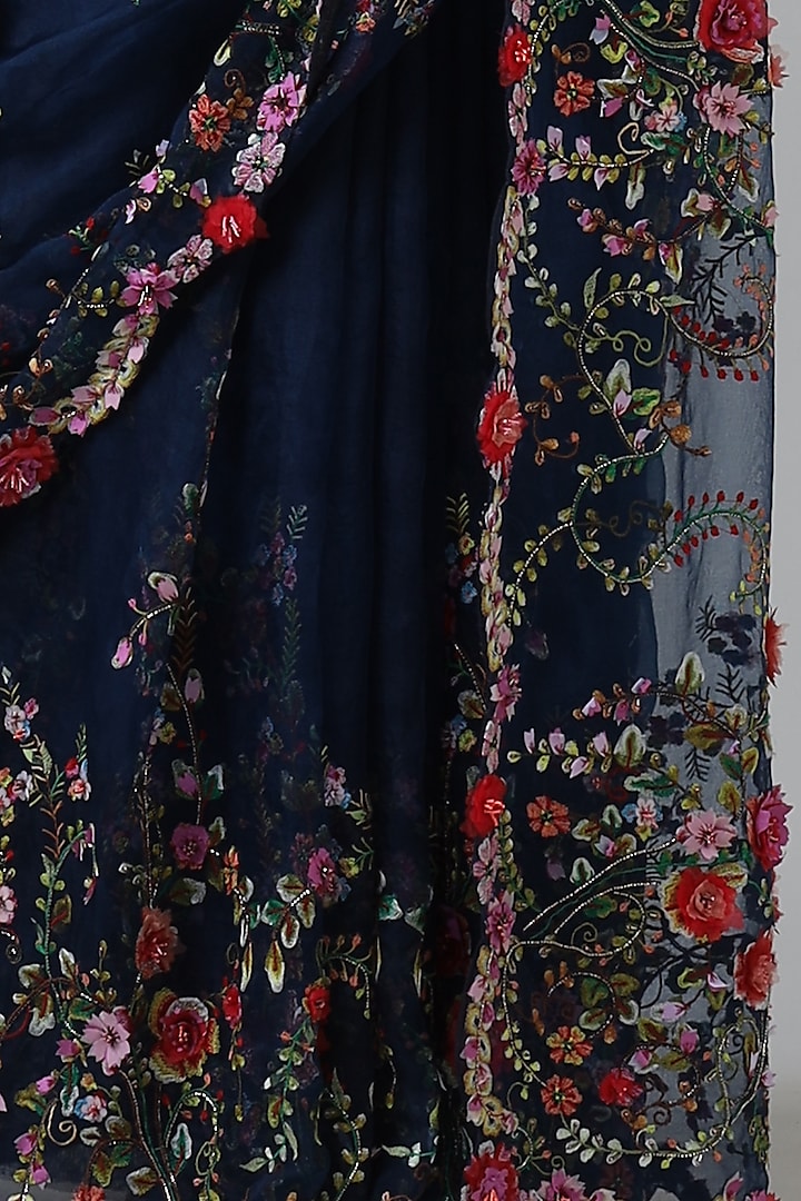 Navy Blue Silk Embroidered Handcrafted Bridal Saree Set by Geisha Designs at Pernia's Pop Up Shop
