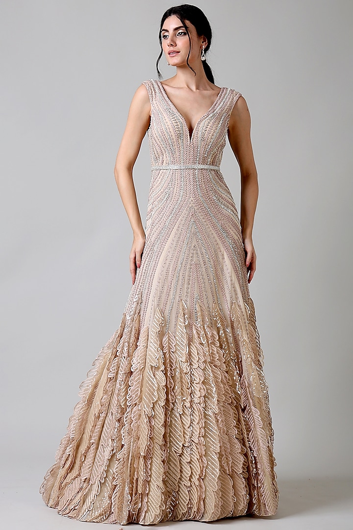 Champagne Viscose & Nylon Embroidered Gown by Geisha Designs