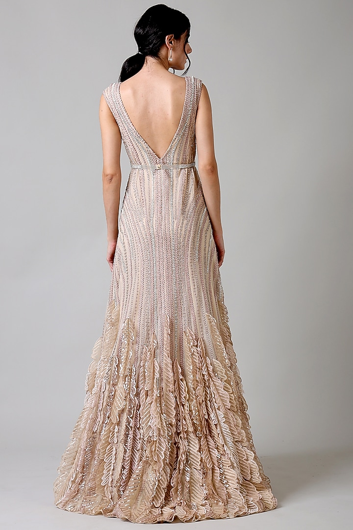 Champagne Viscose & Nylon Embroidered Wedding Gown by Geisha Designs at Pernia's Pop Up Shop