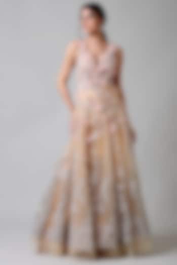 Beige Tulle Floral Motif & Bead Work Layered Gown by Geisha Designs
