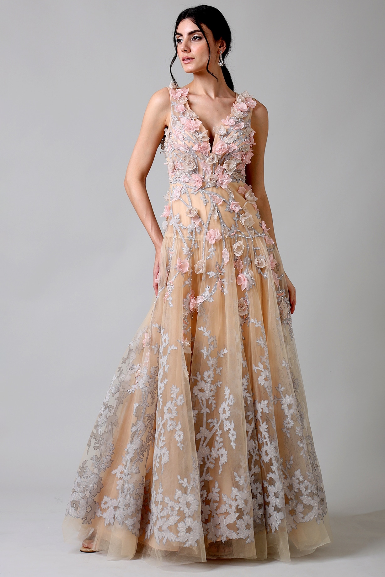 Pernia's Pop Up Shop - Geisha Designs Women Beige Tulle Floral Motif & Bead Work Layered Gown