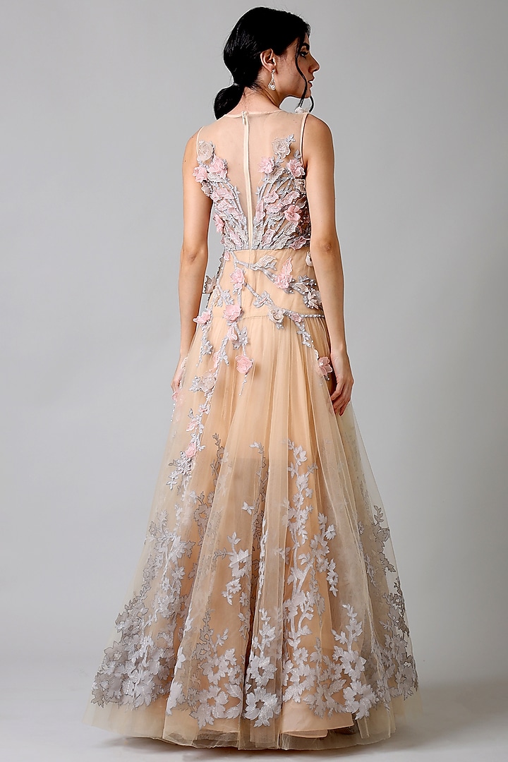 Pernia's Pop Up Shop - Geisha Designs Women Beige Tulle Floral Motif & Bead Work Layered Gown